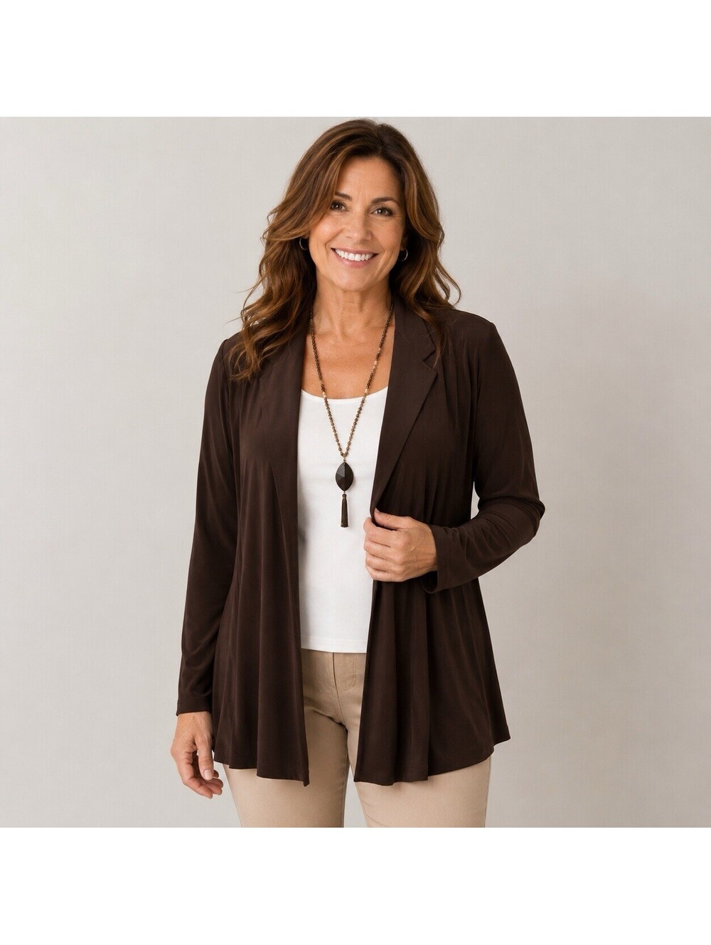 Chico’s Travelers Chocolate Brown Slinky Open Front Cardigan Size 1 M Travel